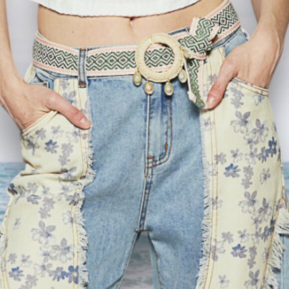 POL Floral Patchwork Frayed Edge Super Baggy Wide Flare Leg Cotton Denim Jeans - Picture 3 of 11
